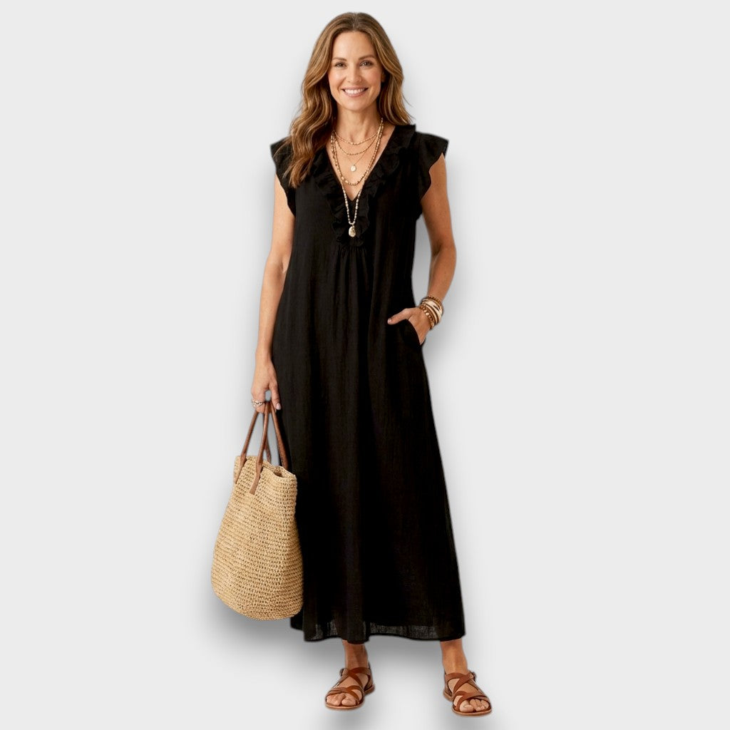Josette - Vestido Maxi de Lino con Volantes y Escote en V