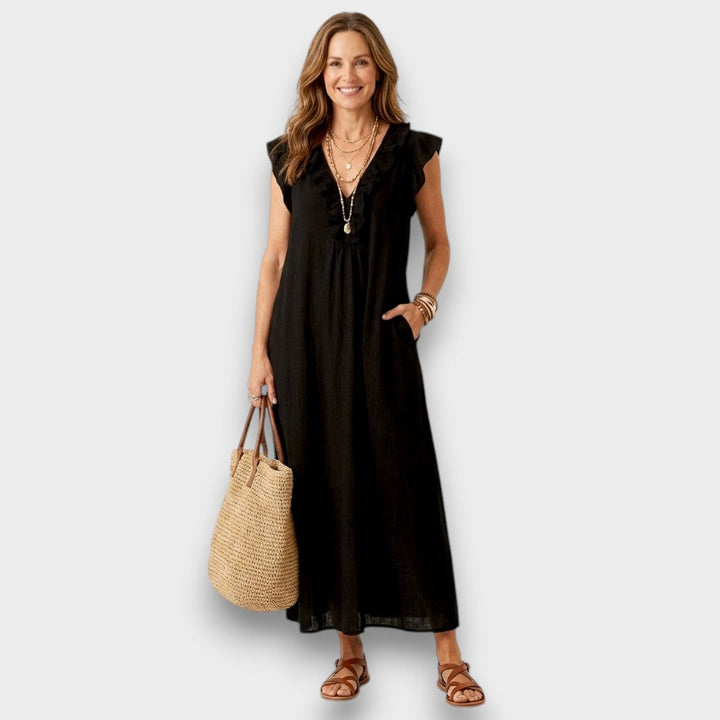 Josette - Vestido Maxi de Lino con Volantes y Escote en V