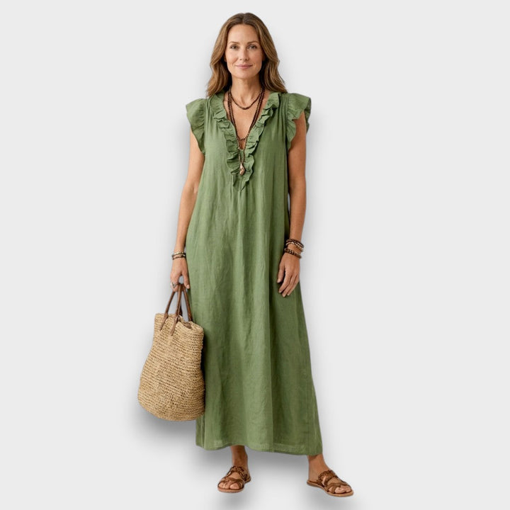 Josette - Vestido Maxi de Lino con Volantes y Escote en V