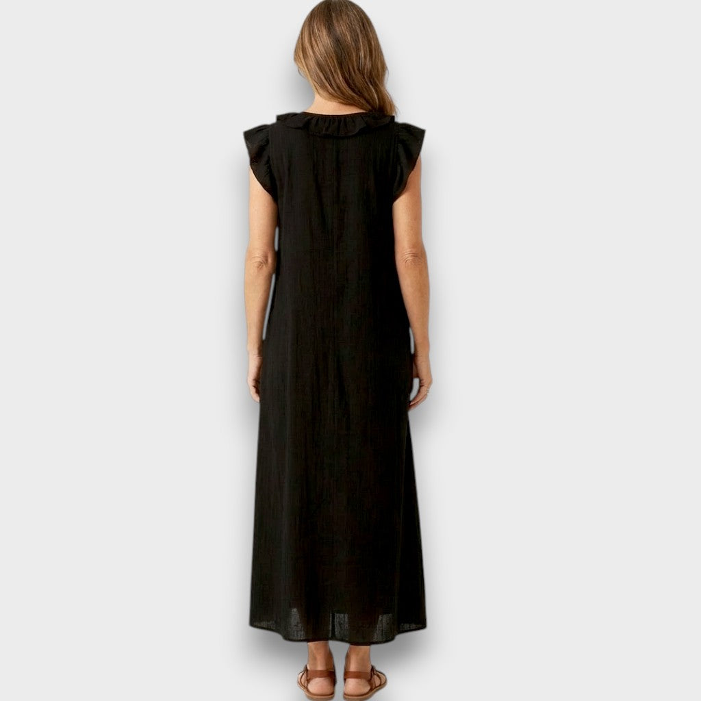 Josette - Vestido Maxi de Lino con Volantes y Escote en V