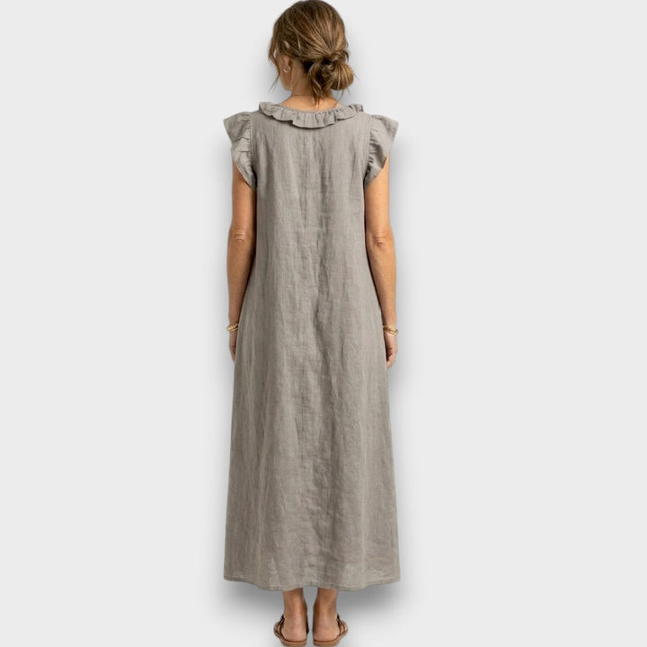 Josette - Vestido Maxi de Lino con Volantes y Escote en V
