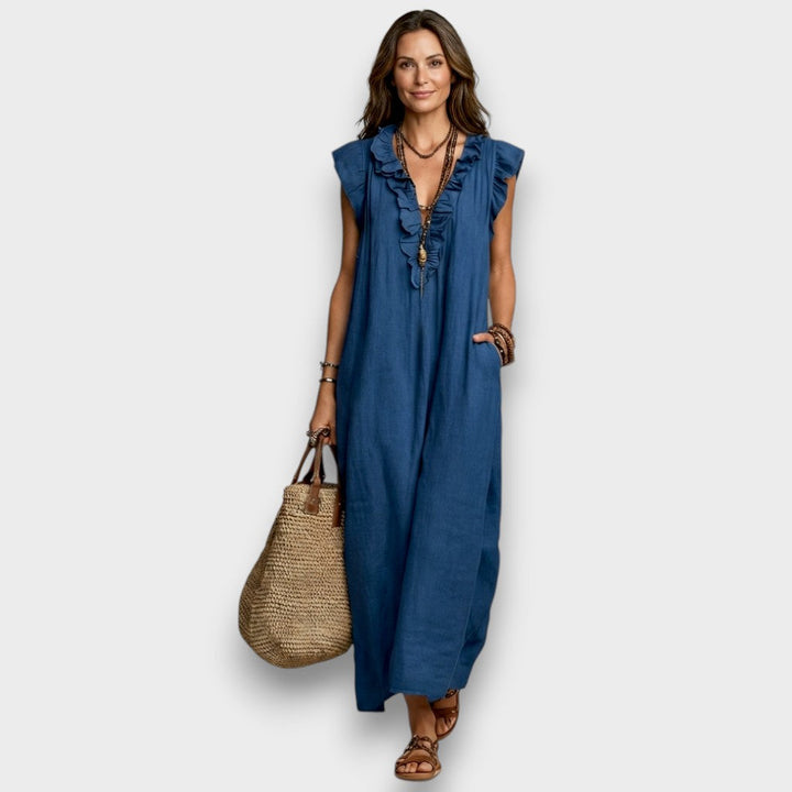 Josette - Vestido Maxi de Lino con Volantes y Escote en V
