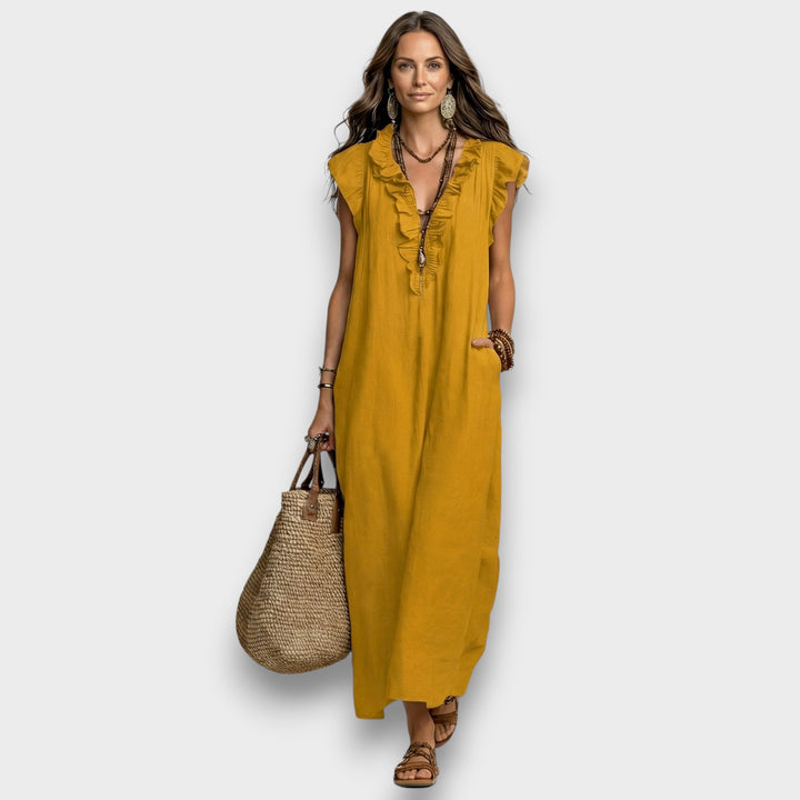 Josette - Vestido Maxi de Lino con Volantes y Escote en V