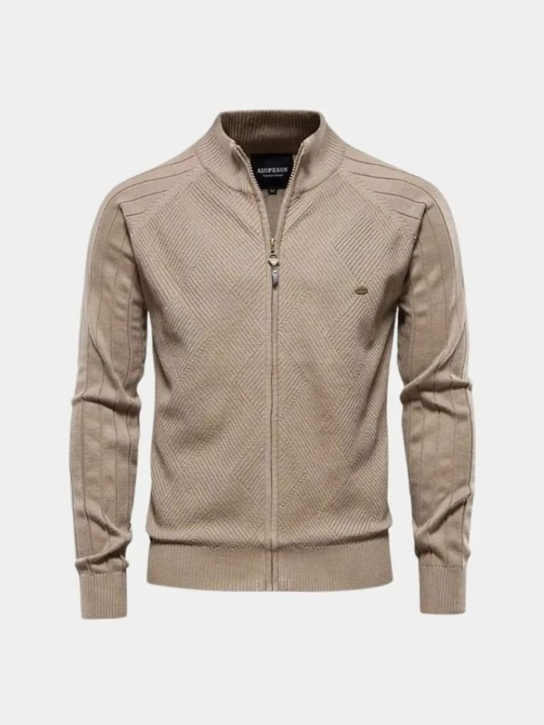 Suéter Cárdigan Jacquard de Color Sólido con Cremallera