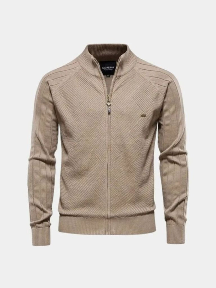 Suéter Cárdigan Jacquard de Color Sólido con Cremallera