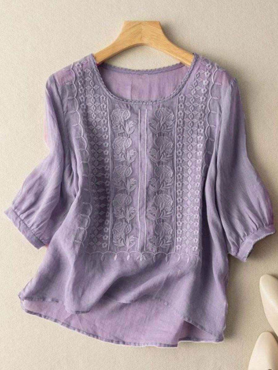 Top de algodón-lino con detalles florales