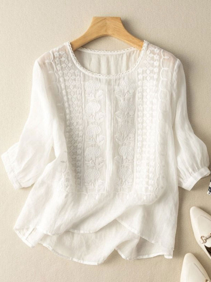 Top de algodón-lino con detalles florales