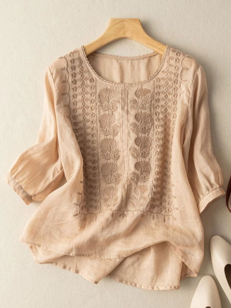 Top de algodón-lino con detalles florales