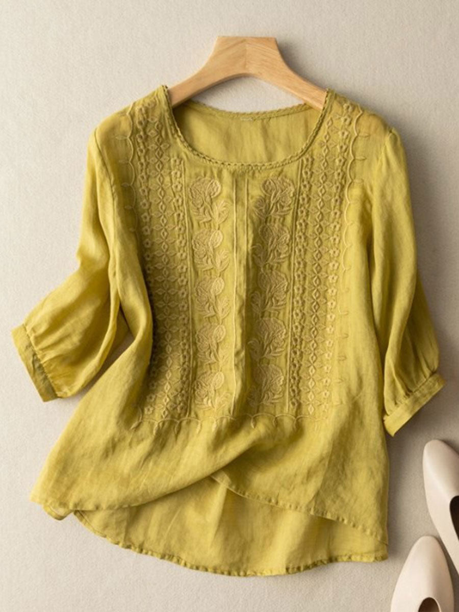 Top de algodón-lino con detalles florales